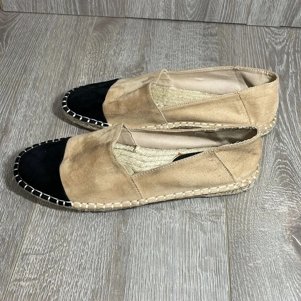 Zara Basic Faux Suede Espadrilles Slip On Flats Black Tan 8.5 (39)